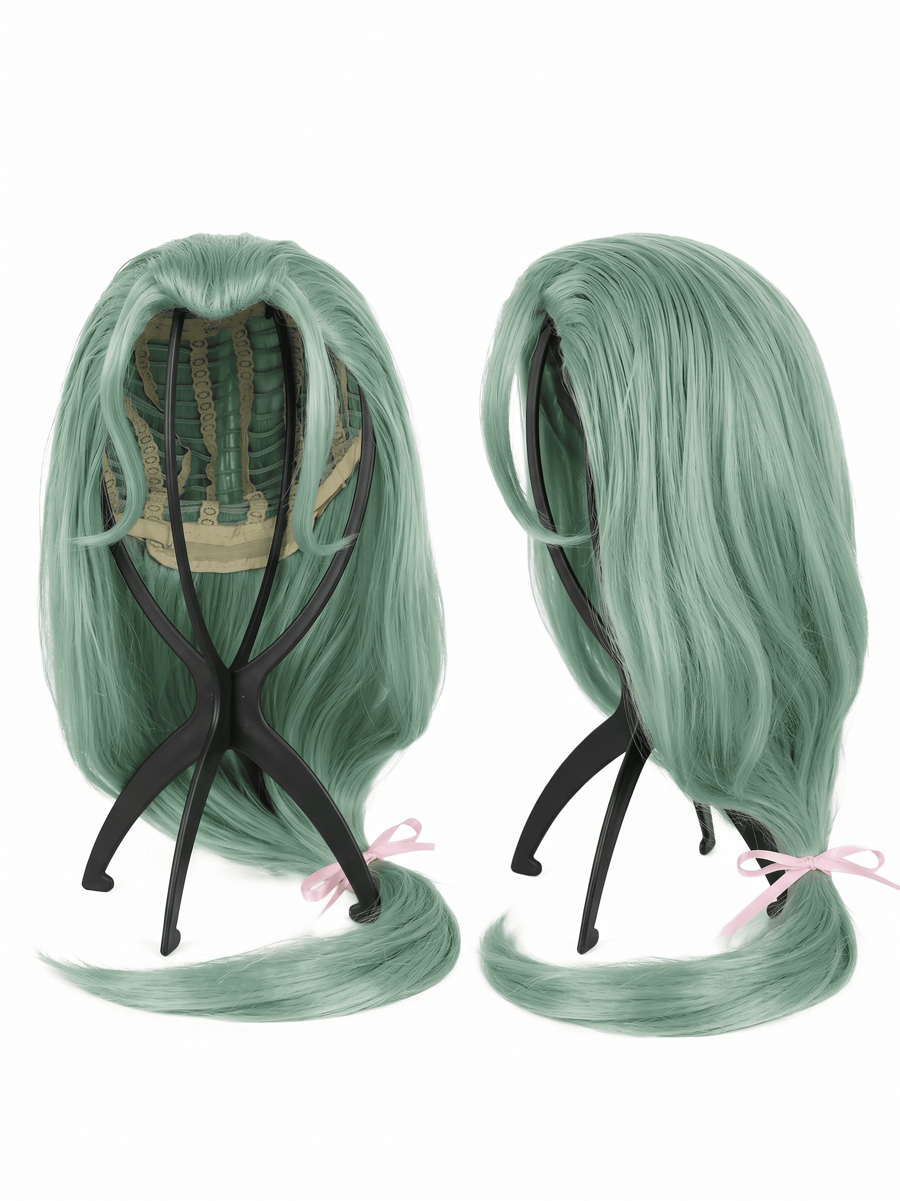 EZcosplay Guilty Gear A.B.A cosplay wig, un-styled mint green long hair with pink ribbon