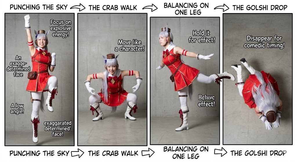 Uma Musume Gold Ship cosplay pose guide, showing iconic character moves for photoshoots