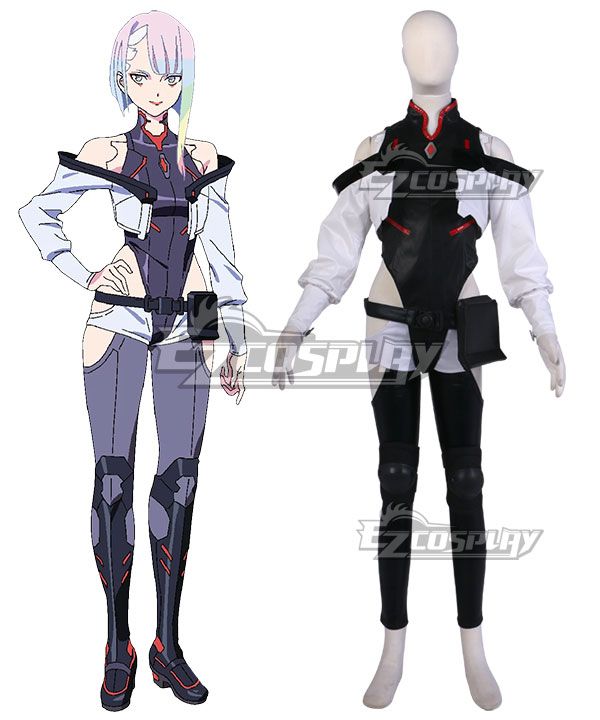 Side-by-side layout featuring official Lucy character artwork alongside the complete cos set mounted on a mannequin, covering bodysuit, removable pouch, leggings and boot detailing