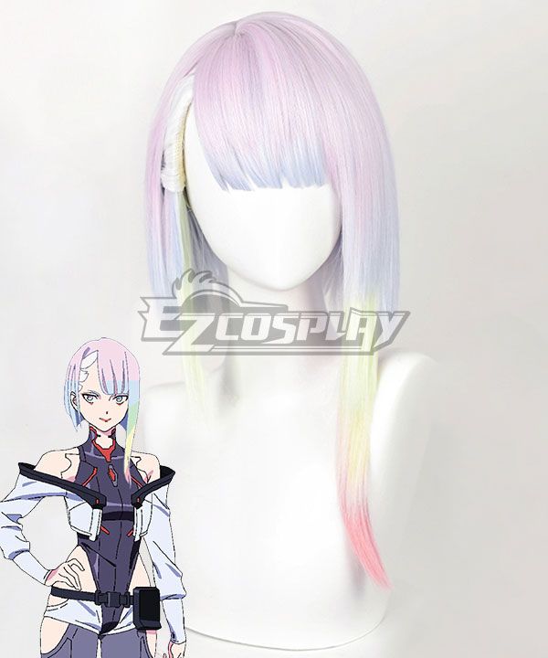 Mannequin-head display of Lucy's signature gradient wig from EZcosplay, with official character artwork placed at the lower left for direct color and hairstyle reference