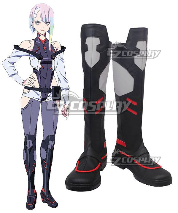 Pair of tall futuristic cos boots for Lucy alongside official character illustration, showcasing segmented grey armor patches and striking red geometric trim on black faux-leather uppers