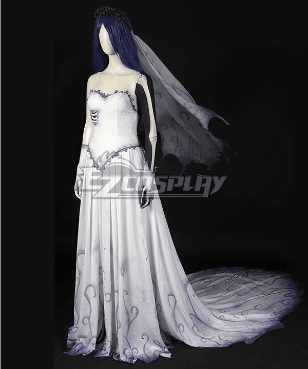 Full complete Emily ghost bridal set displayed on white full-body mannequin against solid black background, including lace corset, layered chiffon long skirt, gradient sheer veil, skeleton long gloves, matching styled blue wig and dark floral crown, all matching accessories integrated display without makeup interference