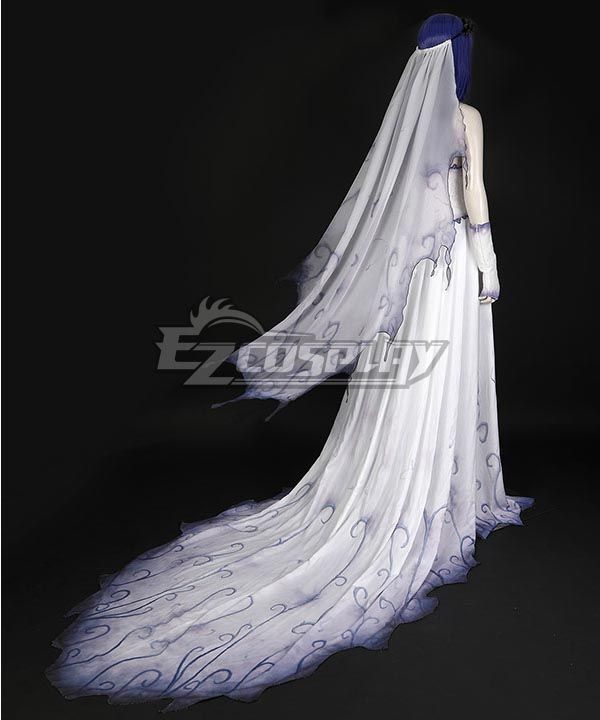 Pure product back display shot on white mannequin bust against solid black background, show complete gradient swirling print on long chiffon train and full-length sheer veil, skeleton long gloves hang beside the mannequin, no makeup model to purely display garment fabric and print detail