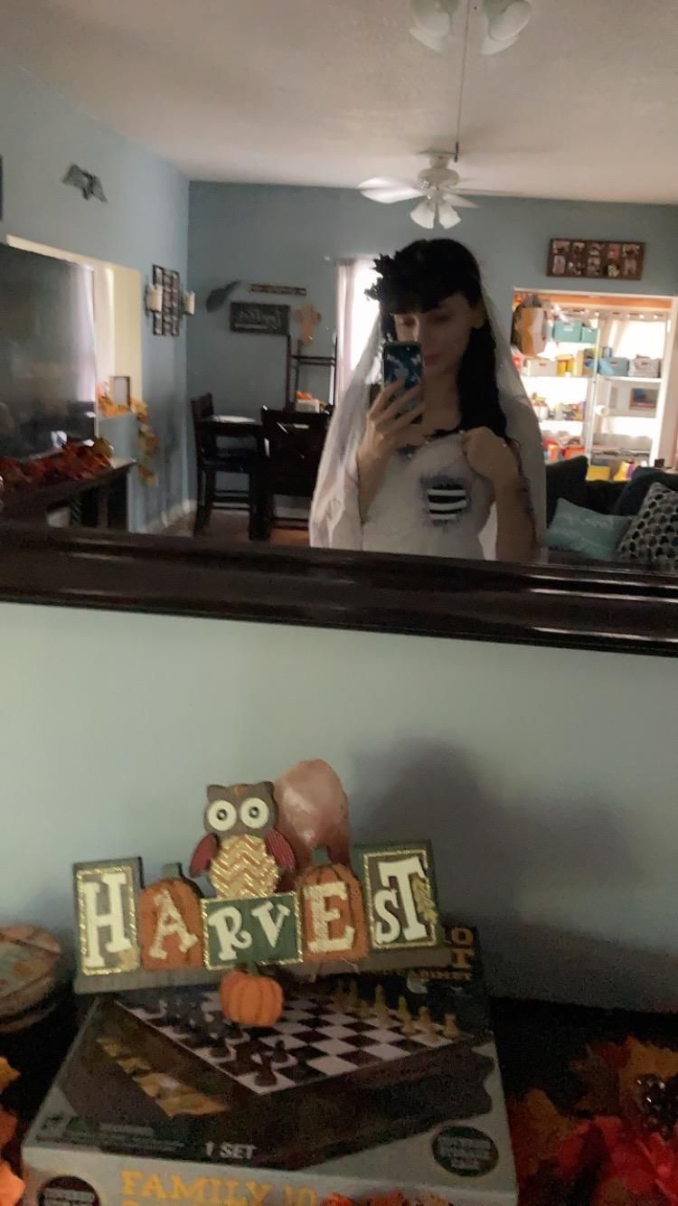 Indoor mirror selfie half-body shot of @Raven in home living room with autumn pumpkin harvest decorations, complete corset bodice and layered sheer veil, dark floral head wreath on top of black wig, warm toned household interior