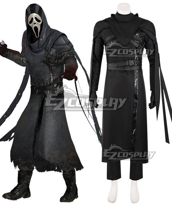 Ezcosplay Dead by Daylight Ghost Face cosplay costume, side-by-side with in-game character reference