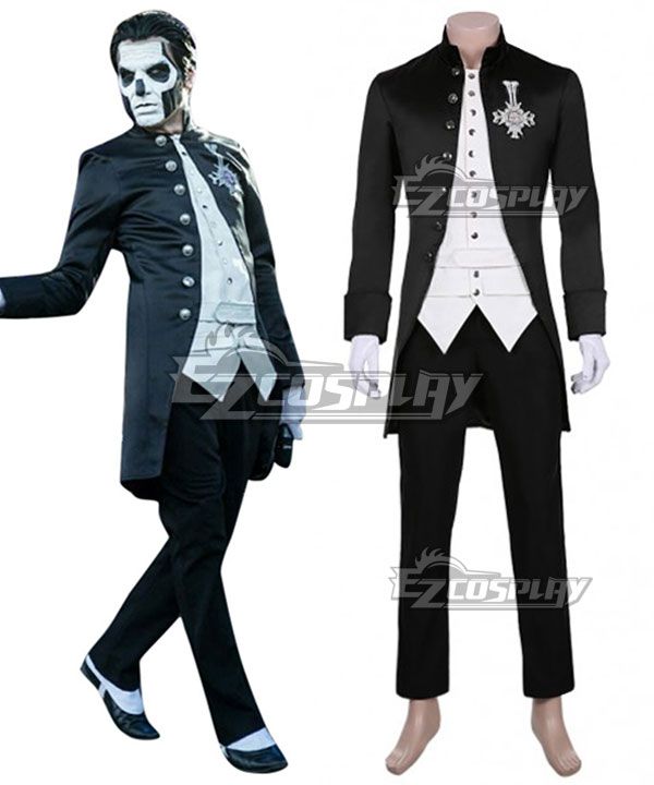 Full cosplay suit of Papa Emeritus III from metal band Ghost, left side is performer real wearing shot with skull makeup, right side is mannequin display including tailcoat, waistcoat, trousers and white gloves