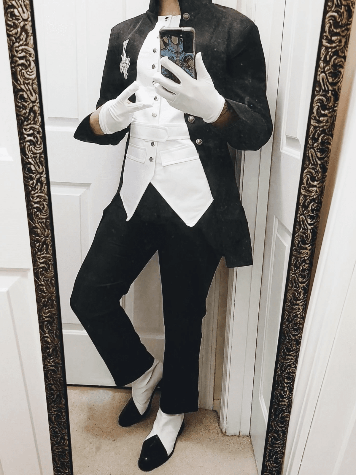 Full body mirror shot by @Lord Ignatius III, shows the layered tailoring of Papa suit, fitted trousers, white spats and classic black dress shoes