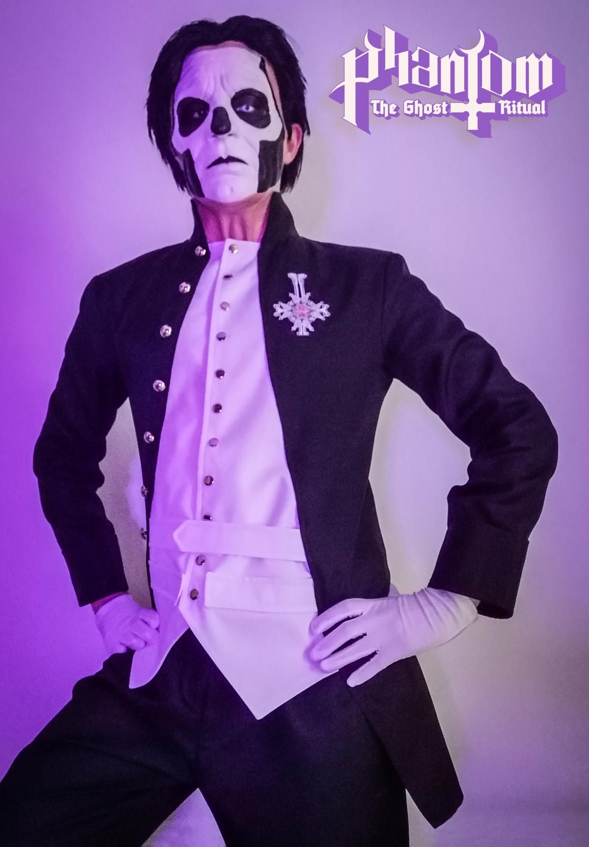 Studio portrait shot by @Phantom under purple lighting, Papa Emeritus skull makeup, hand-on-hip pose, "Phantom The Ghost Ritual" text logo overlay