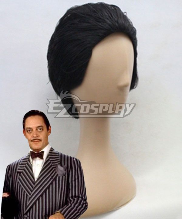 Gomez Addams short black cosplay wig on mannequin head, official character reference picture attached