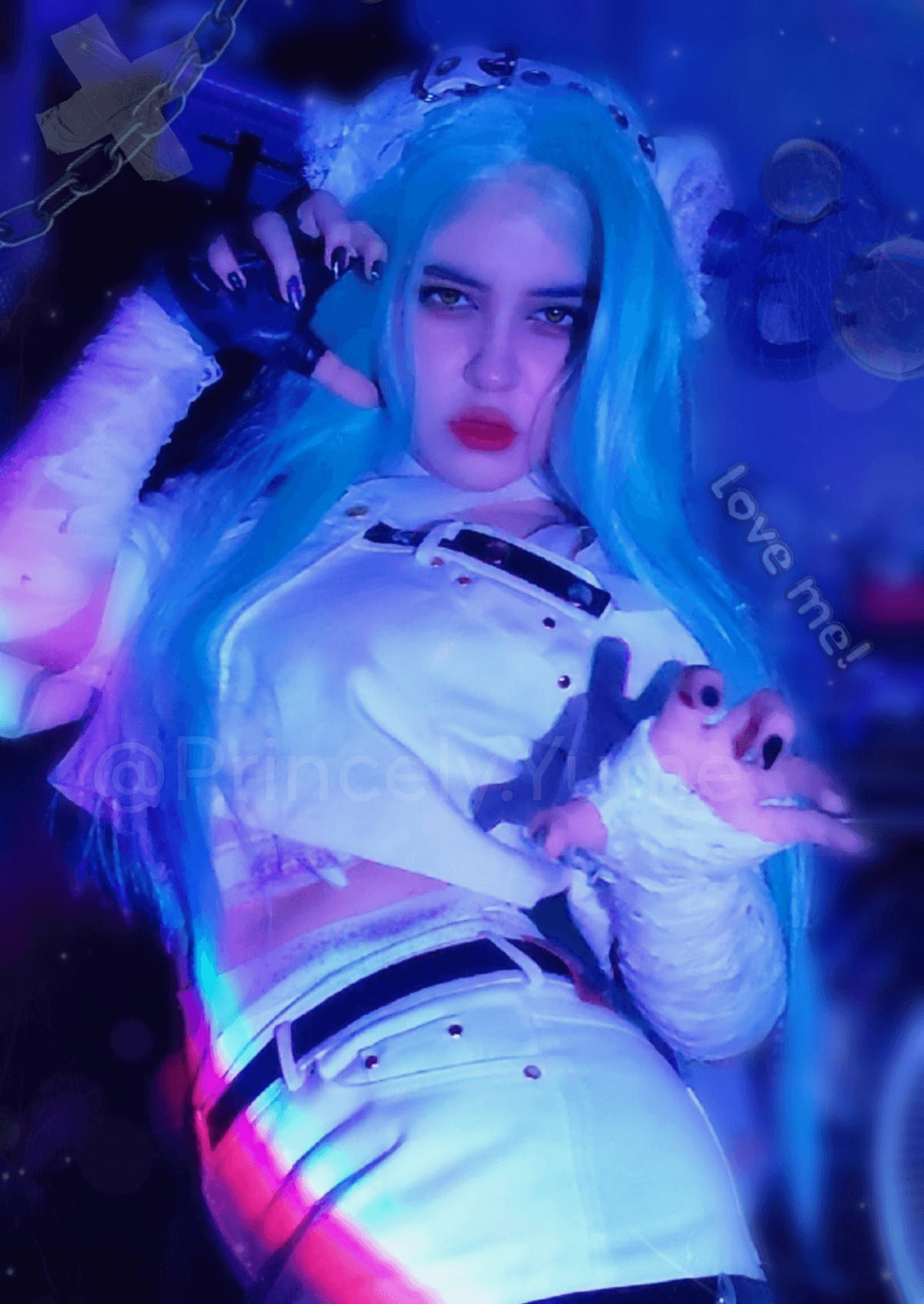 @Shou’s stylized A.B.A cosplay under neon lighting, with blue hair and dramatic makeup