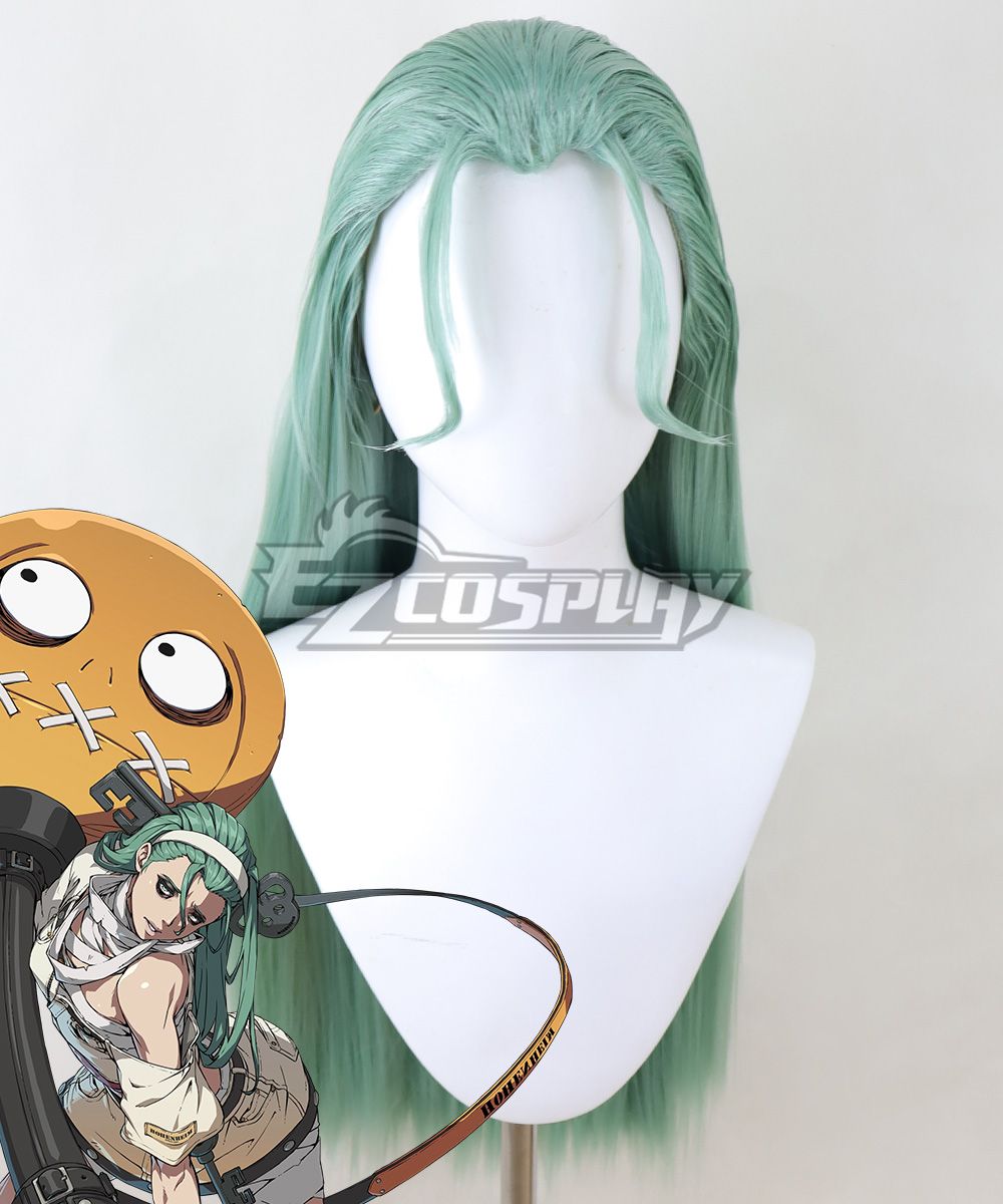Styled mint green cosplay wig for Guilty Gear A.B.A, shown next to official character art
