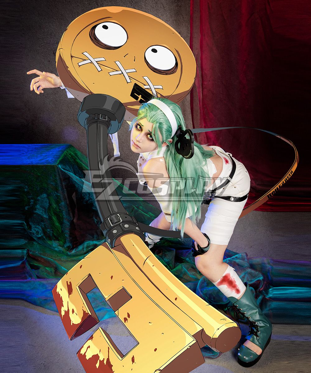 Full Guilty Gear A.B.A cosplay costume on model, posing with the giant key prop