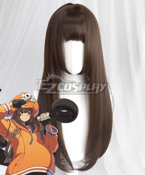 Official long brown cos wig for May from Guilty Gear Strive, with straight cut bangs and face framing layers, matched official character art reference