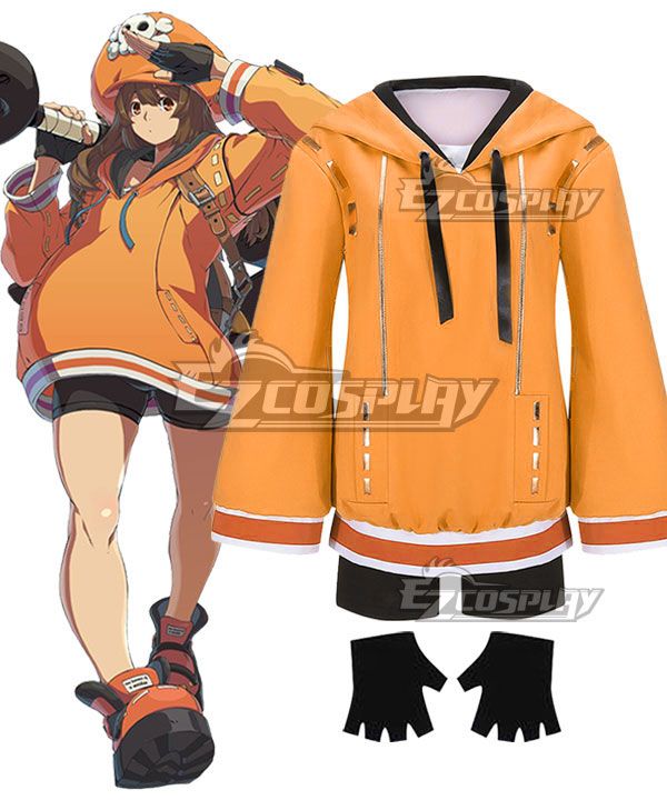 Complete May cosplay outfit from Guilty Gear Strive, including orange hoodie, black shorts, fingerless gloves, official character art reference on left side