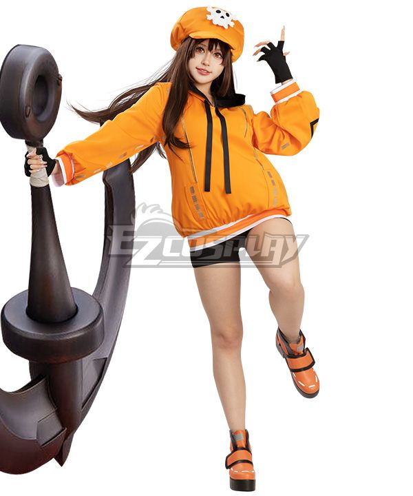 Dynamic full-body official model shot of Guilty Gear Strive May cos costume, one leg lifted posing with giant anchor prop, full outfit with beret and boots
