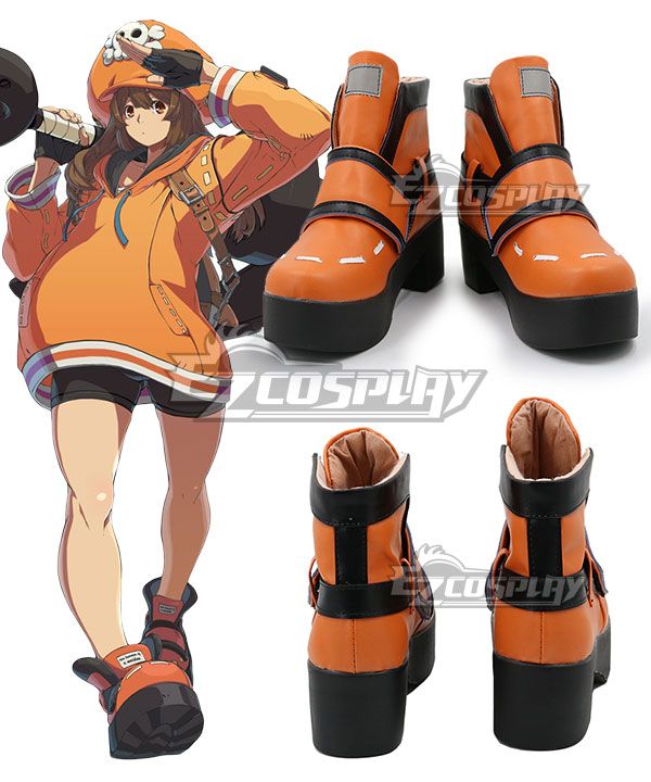 Official cosplay platform ankle boots for May from Guilty Gear Strive, orange PU leather with black straps & thick block heel, front & back multi-angle shots with game character art reference
