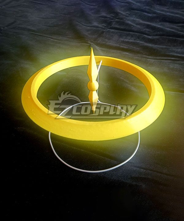 Yellow foam halo prop for Hazbin Hotel Adam cosplay, handmade replica with metal support frame displayed on black fabric background