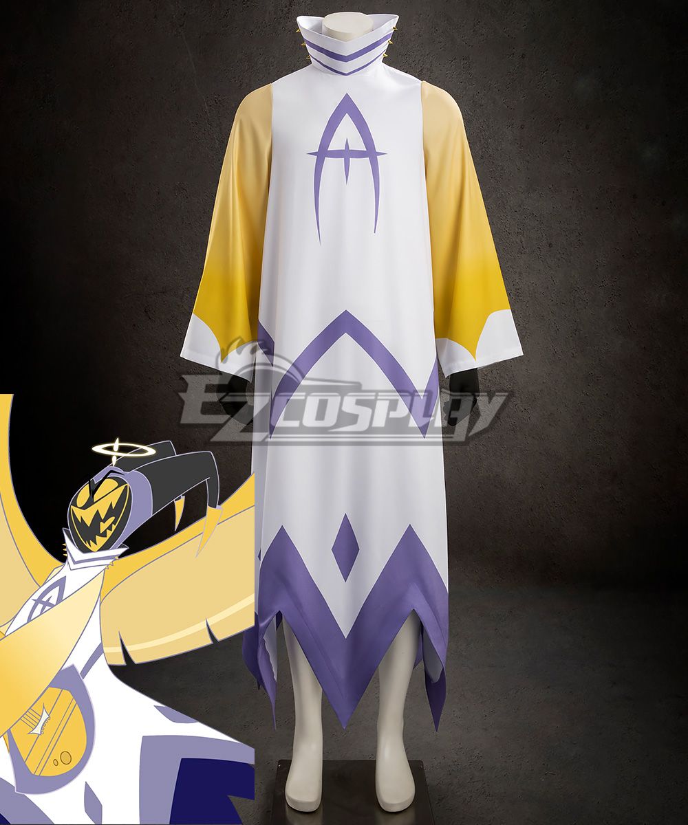 White and purple Adam cos robe with gradient yellow sleeves, printed symbol design, mannequin shot paired with official character art