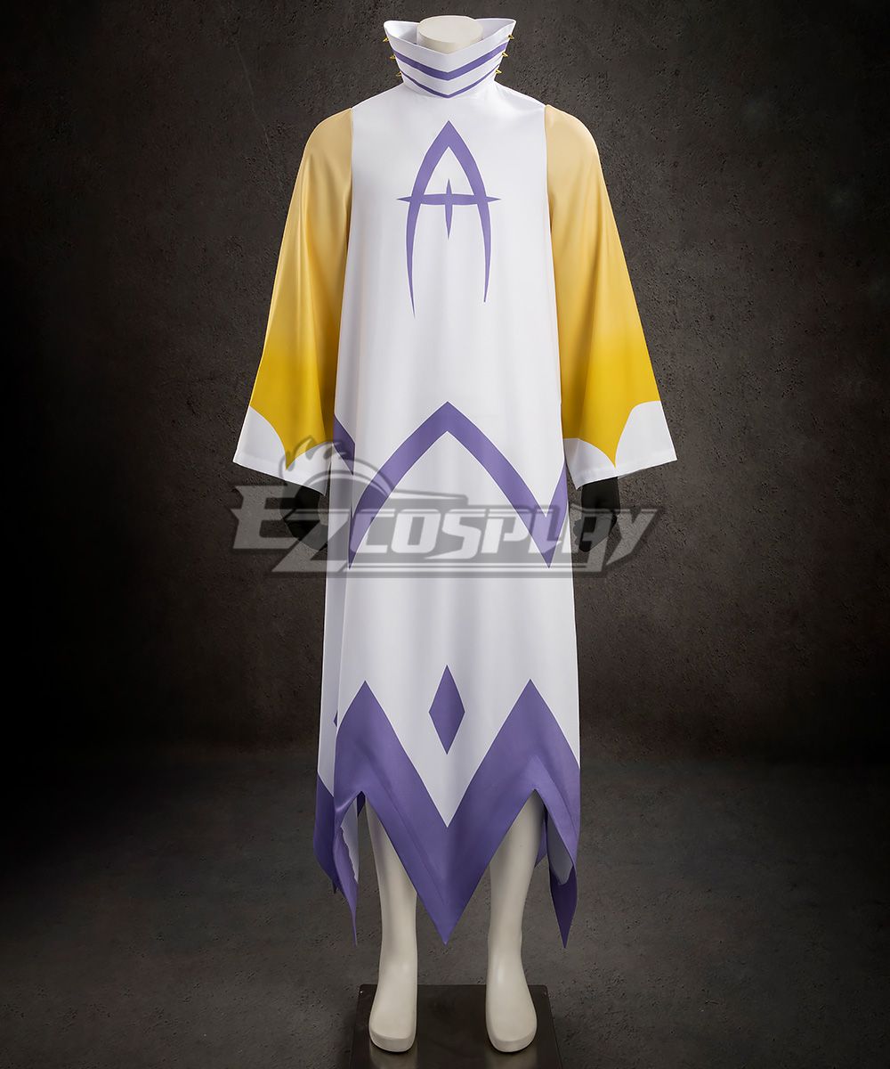 Full front view of Hazbin Hotel Adam cosplay robe, white tunic with purple patterns and yellow gradient long sleeves on mannequin