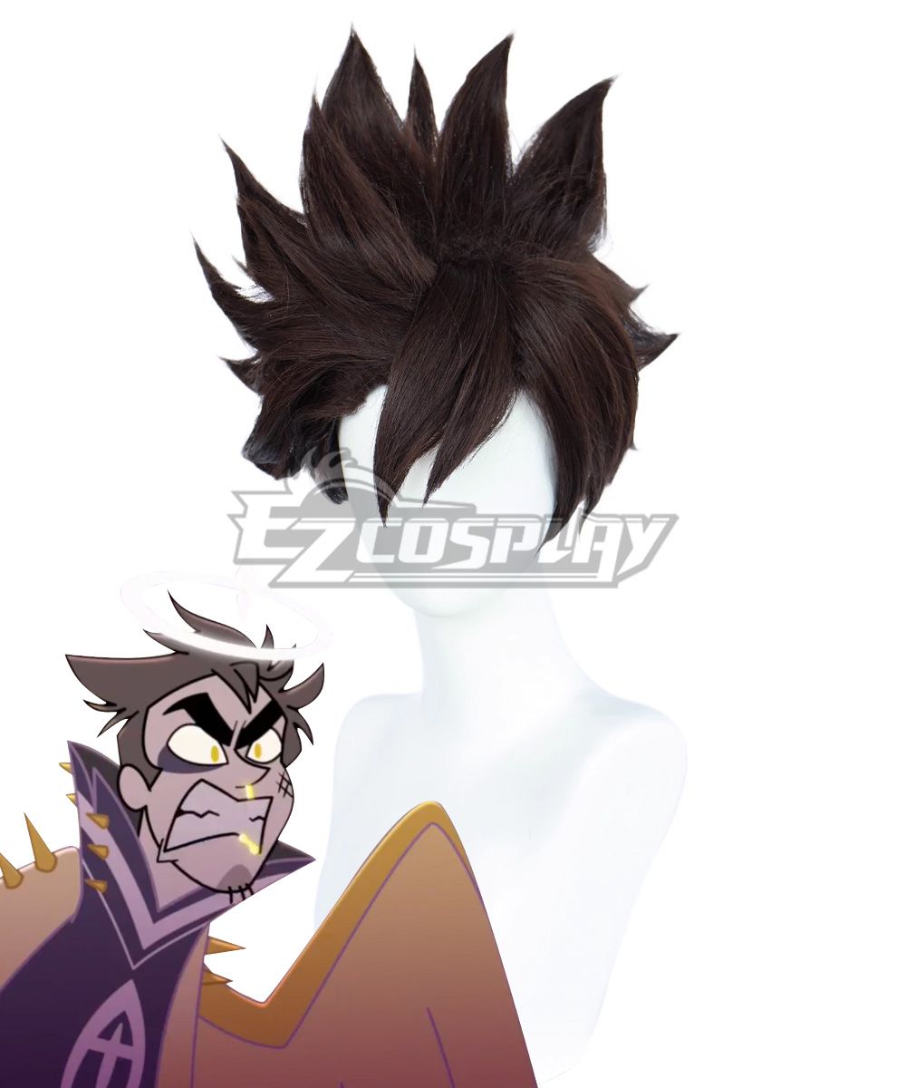 Dark brown spiky styled wig for Hazbin Hotel Adam cos, displayed on white mannequin head with character reference art