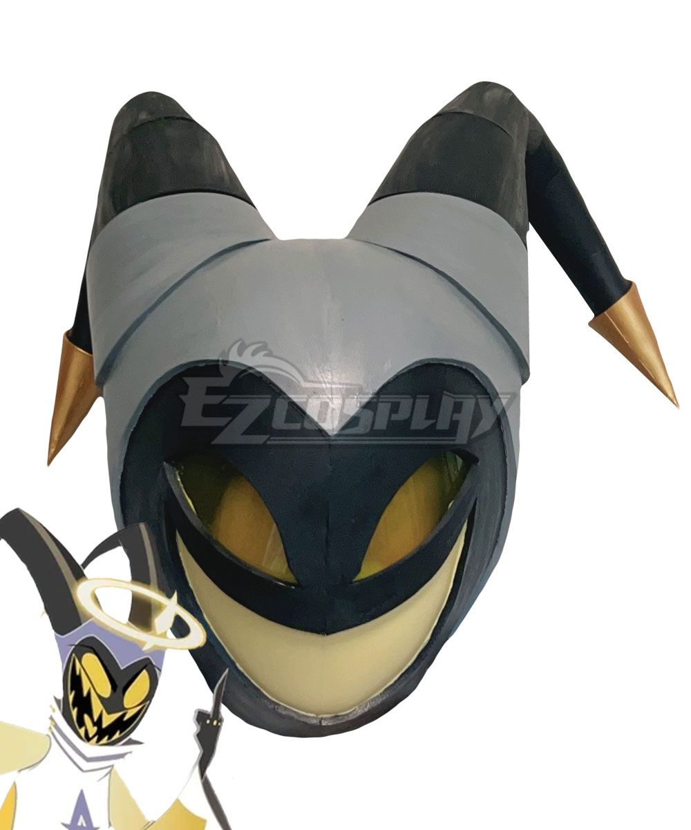 Matching demon mask prop for Hazbin Hotel Adam Exterminator cosplay, grey-black body with golden horn tips