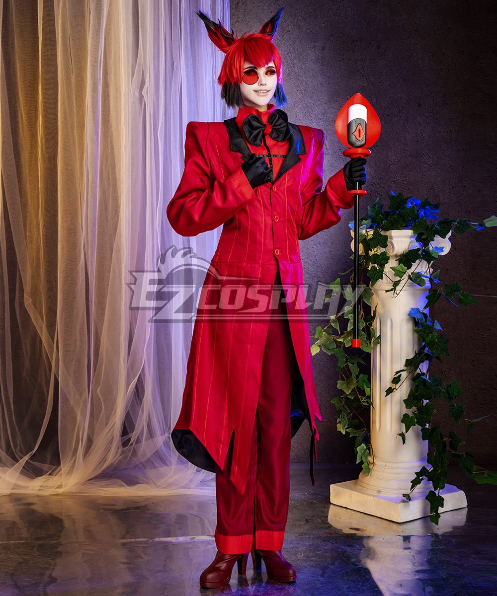 Official full-body studio shot of brand model in complete Alastor cos outfit beside white vine-decorated pillar and sheer curtain, red pinstripe jagged long coat, black lapel, black bow tie, high-neck inner top, red cuff trousers, heeled boots, black claw gloves, red gradient wig with deer ears, holding classic radio microphone staff prop