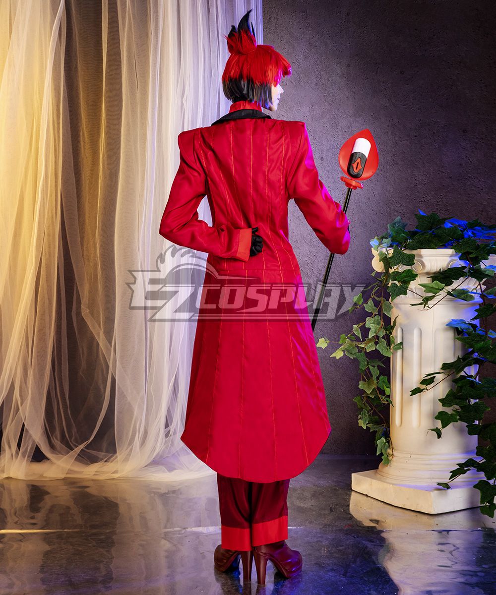 Rear view official studio shot, fully display continuous vertical stripe printing across the whole long coat, back silhouette and coat length, model wears full wig, ear accessories, gloves and heeled boots, radio staff placed behind the body