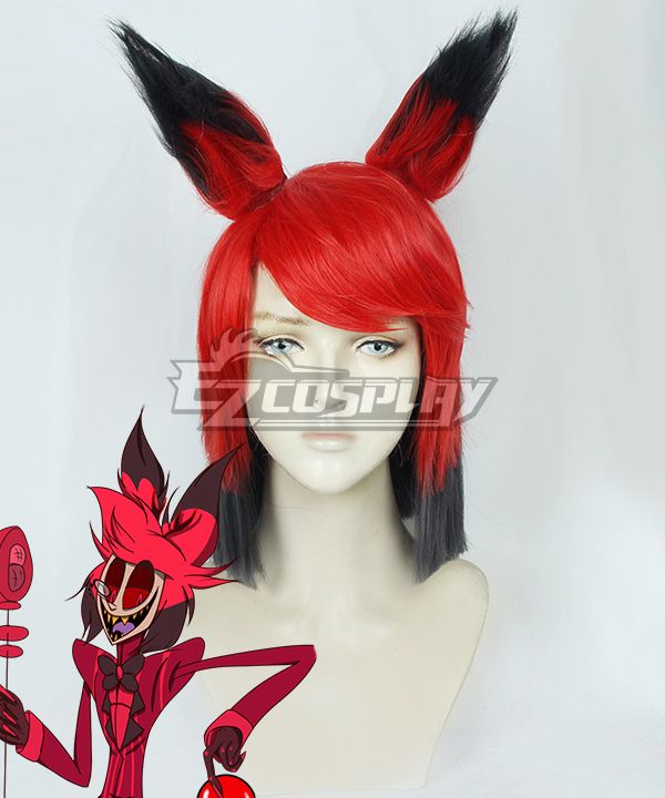 Pure white background wig product shot, Alastor exclusive red-to-black gradient cos wig with pre-attached detachable deer ear accessories, pre-styled layered bangs, heat-resistant synthetic fiber, official character illustration attached for color comparison