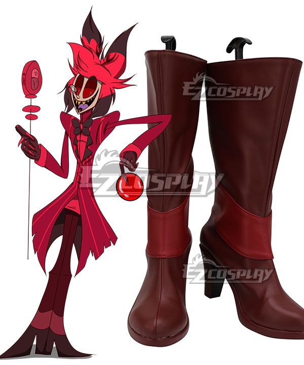 White background display of matching burgundy high-heel mid-calf boots, segmented color blocking design consistent with character outfit, thick platform sole and stable block heel, official character art placed on the side for reference