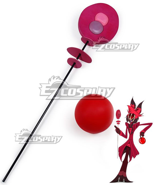 Flat lay white background product shot of signature radio staff prop, assembled foam and hard pole construction, matching red spherical accessory, restyled strictly following the microphone shape seen in official animation