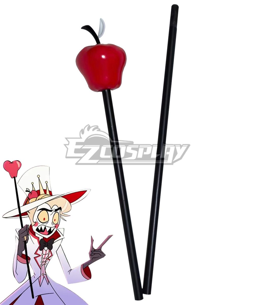 White background flat-lay product shot of Lucifer’s signature apple cane prop, detachable black matte pole + glossy red apple top with leaf detail, official Lucifer character illustration placed at bottom left for shape comparison
