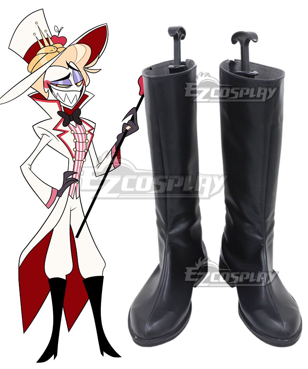 White background product shot of Lucifer matching knee-high boots, smooth black faux leather upper, pointed toe straight tube design, official Lucifer character illustration on left to reference boot silhouette