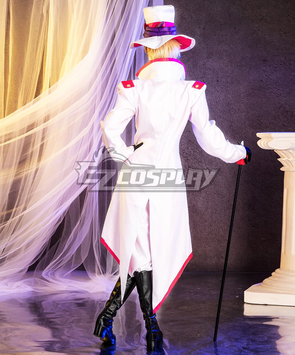 Rear view full-body official studio shot, fully display the full-length red jagged hem of Lucifer’s white tailcoat, continuous red piping running down the coat’s back seams, model wears full wig, top hat, gloves and knee-high boots, apple cane placed beside hip