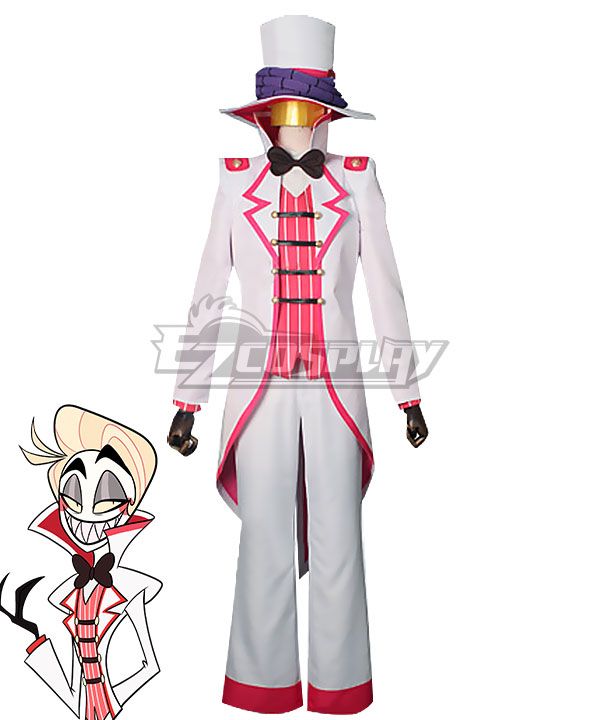 Full complete Lucifer cos suit displayed on white full-body mannequin against plain white background, layered outfit including red-trim tailcoat, striped waistcoat, bow tie, white red-cuff trousers; official Lucifer animation illustration attached at bottom left to compare full-set color matching and coat silhouette
