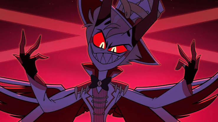 Official animation key frame screenshot of Lucifer Morningstar, serves as the core calibration standard for the tailcoat’s red trim width, vest stripe layout, top hat shape, wig blonde tone, apple cane prop design and the overall white-red dominant color palette of the full cos collection
