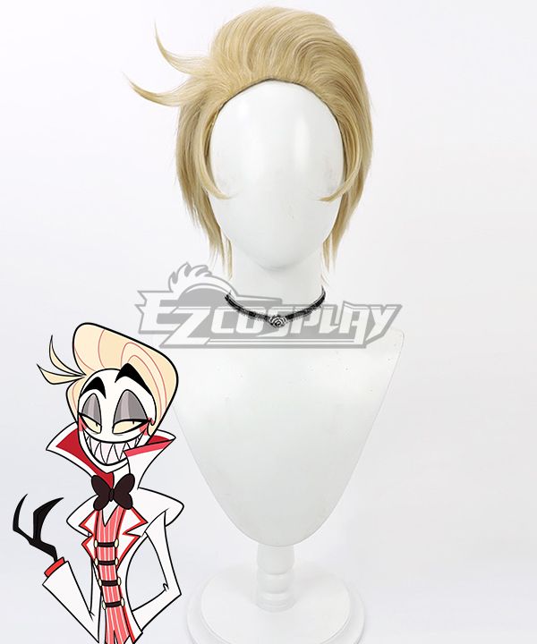 Pure white background wig product shot, Lucifer exclusive pale blonde layered cos wig with pre-styled upturned side bangs, heat-resistant synthetic fiber material, official Lucifer character illustration placed at bottom left for hair color comparison