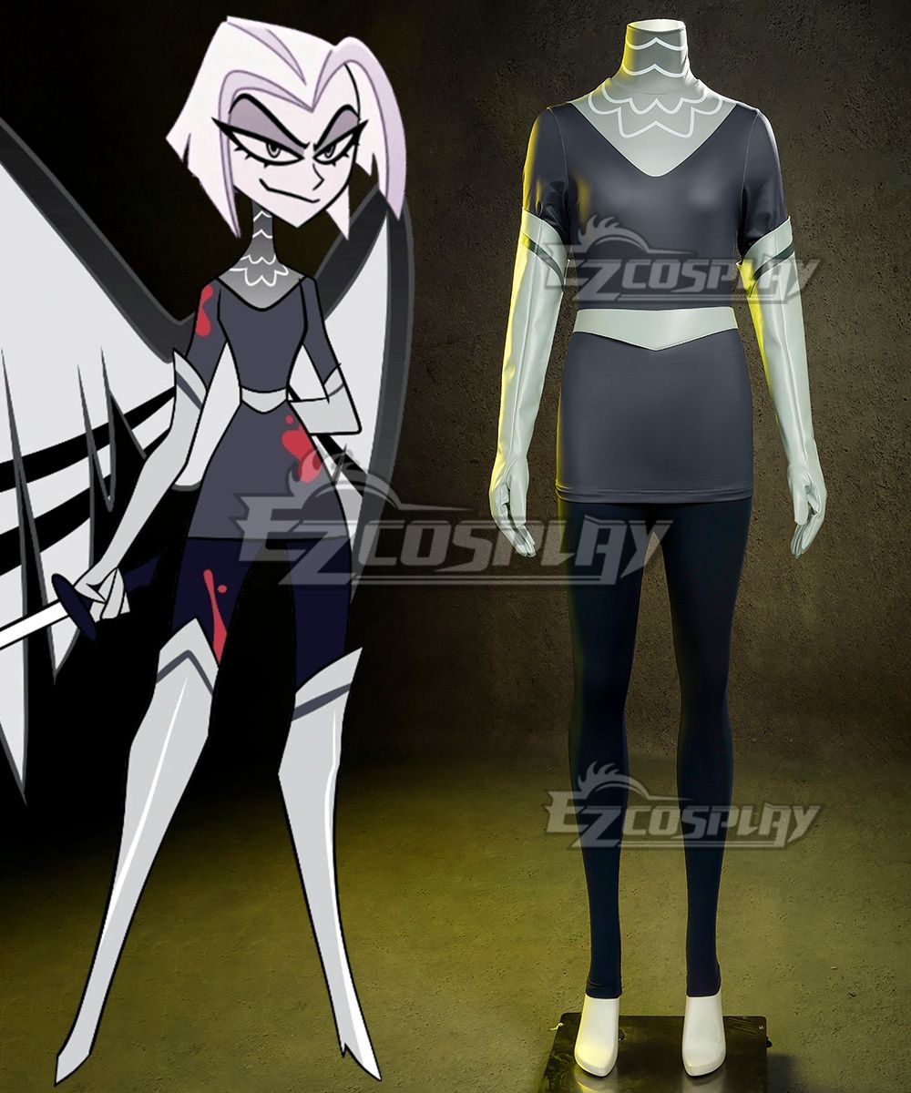 EZcosplay official mannequin front shot of Hazbin Hotel Lute exterminator cosplay costume, grey top, long white gloves, dark leggings and waist belt