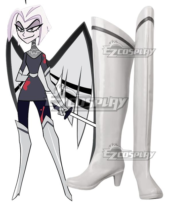 Matching white thigh high heel boots for Hazbin Hotel Lute cosplay, single black stripe decoration, imitation leather material