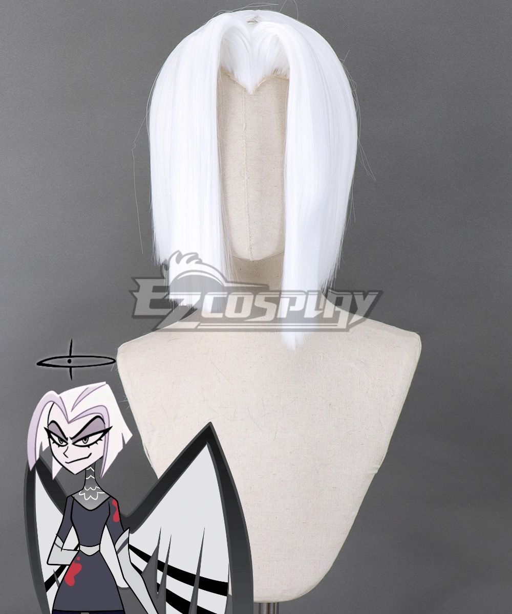 Styled white short bob wig for Hazbin Hotel Lute cosplay, heart-shaped front hairline, heat resistant synthetic fiber