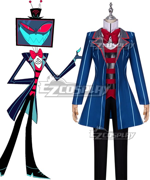 Full complete Vox cos suit displayed on white full-body mannequin against neutral background, including long blue vertical pinstripe coat, grey-red contrast lapel, red bow tie, red-black striped inner vest, slim black trousers; official Vox animation illustration placed beside to compare full set color matching and coat silhouette
