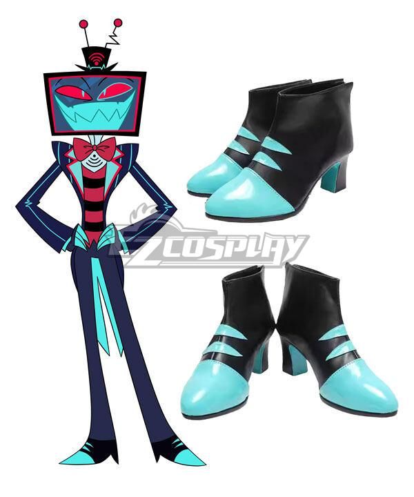 White background product shot of Vox matching ankle boots, two pairs displayed for reference, black upper with bright cyan triangular color block decoration, pointed toe and block high heel, official Vox character illustration placed on the left to compare shoe design details