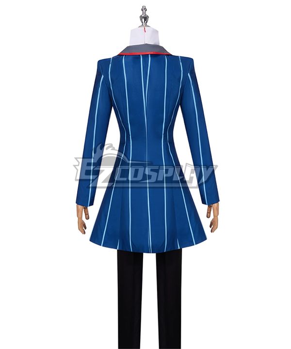 Rear view mannequin shot focusing on back design of Vox’s blue pinstripe long coat, continuous evenly spaced vertical stripes run through the entire back of the garment, grey-red layered lapel structure visible from shoulder side, black straight trousers matched below