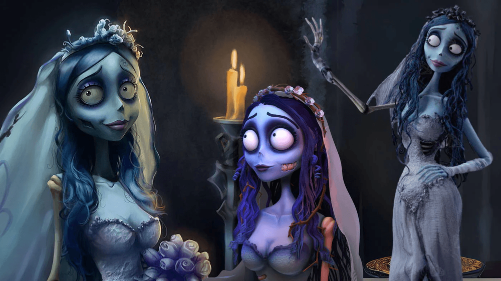 Original movie official CG illustration of Emily as core reference standard, used to calibrate gown silhouette, lace corset shape, swirl print gradient range, wig color tone, floral crown design and overall undead character color palette of the whole cos product line