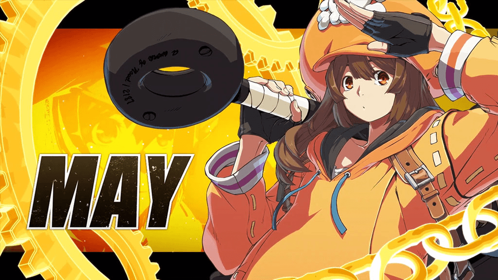 Official key visual art of May from Guilty Gear Strive, holding giant anchor weapon, orange oversized hoodie, pirate skull cap, yellow gear chain background
