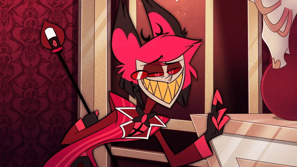Official animation key frame of Alastor, serves as core calibration standard for coat stripe width, lapel shape, accessory layout, wig tone, radio staff outline and the overall red color palette of the full cos collection