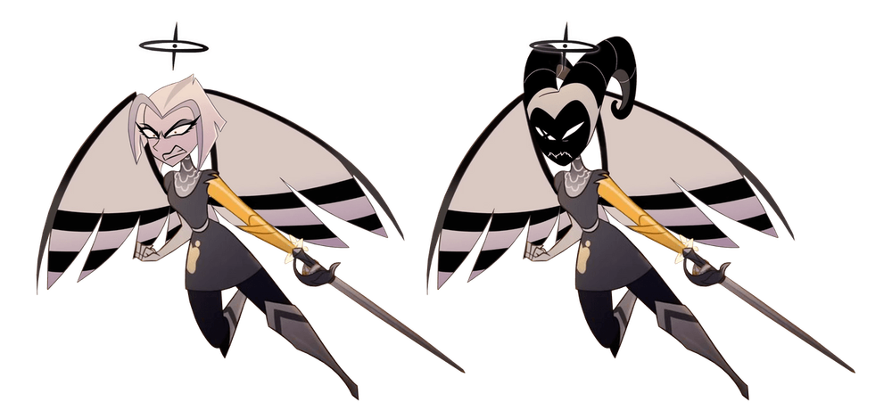 Official character reference sheet of Hazbin Hotel Lute, normal face and masked exterminator form, costume and wing design standard reference