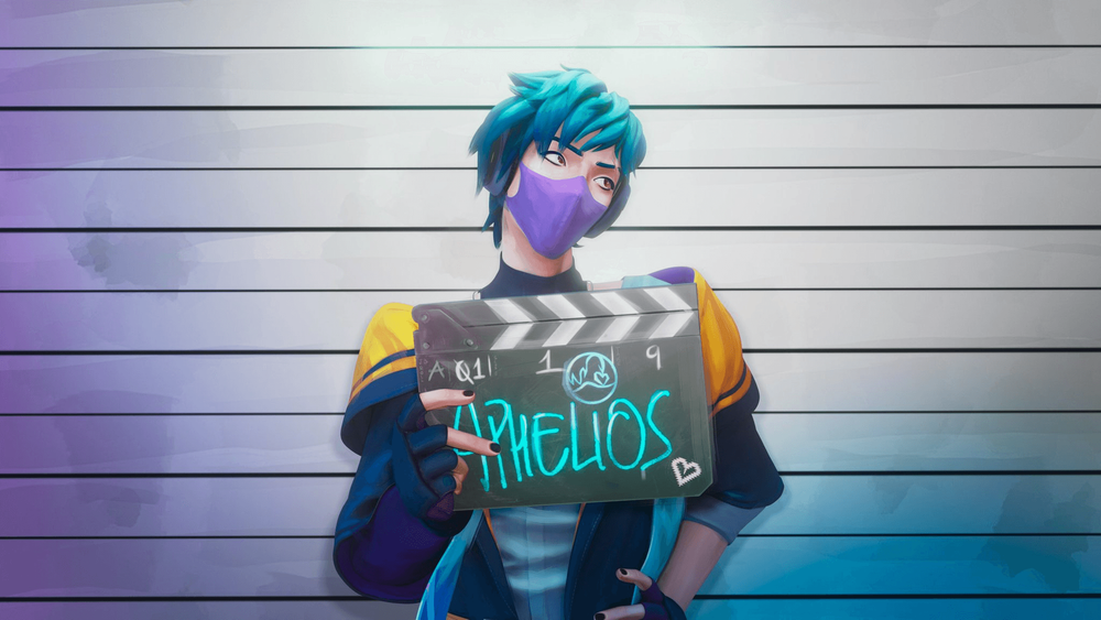 Official artwork of Heartsteel Aphelios, blue hair character with purple mask, Heartsteel band