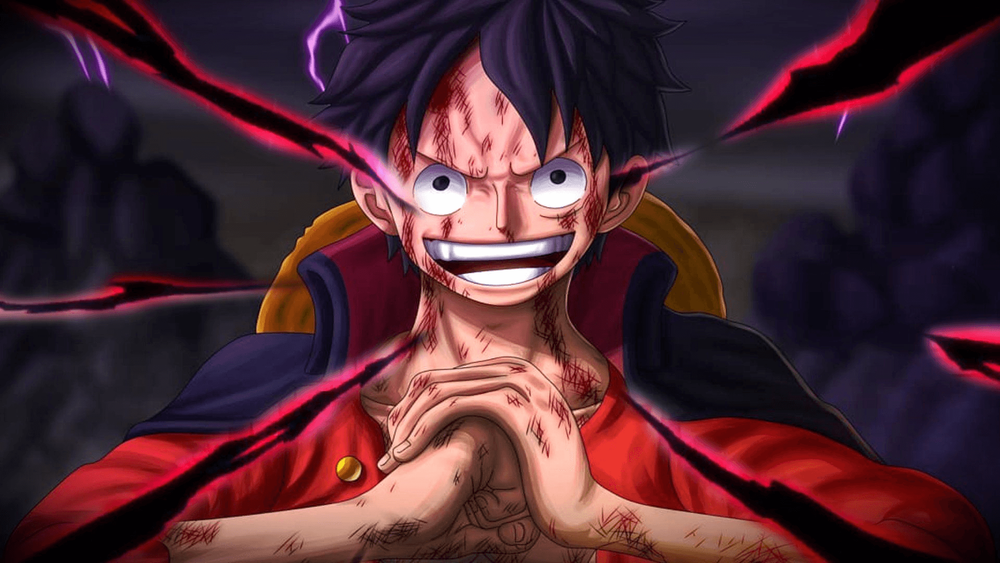 Official character illustration of Monkey Luffy under Onigashima battle scene, battle‑damaged character art