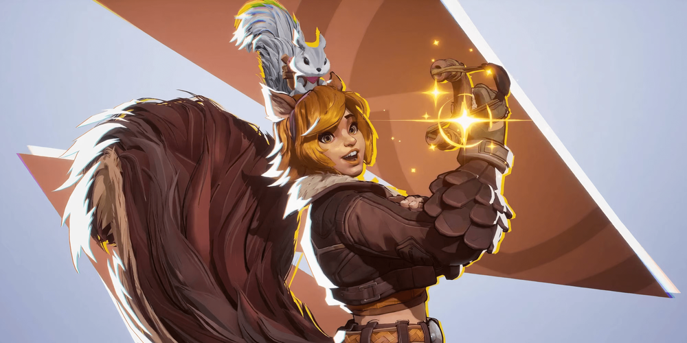 Official character art of Squirrel Girl from Marvel Rivals, original outfit design, squirrel tail, head accessories and slingshot prop reference