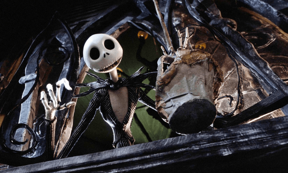 Original movie stop-motion render of Jack Skellington, the core reference for suit stripe density, shoulder spike shape, mask skull proportion and overall goth silhouette of the full cos series